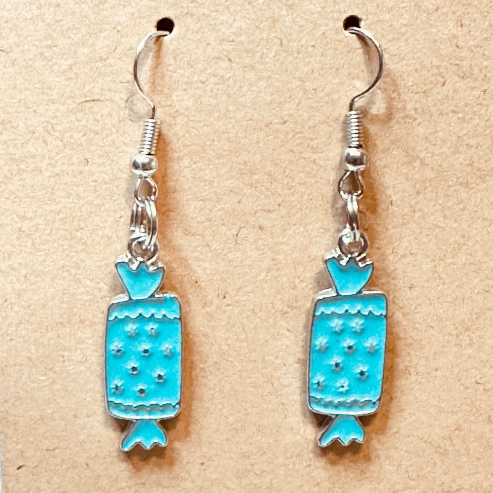 Stainless Steel Earring Hooks Dangle Teal Candy Wrapper Silver Design Handmade